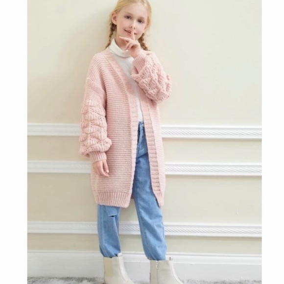 NEW! GIRLS Chunky knit, oversized Pompom bishop drop sleeve, Cosy Cardig… - Picture 3 of 8